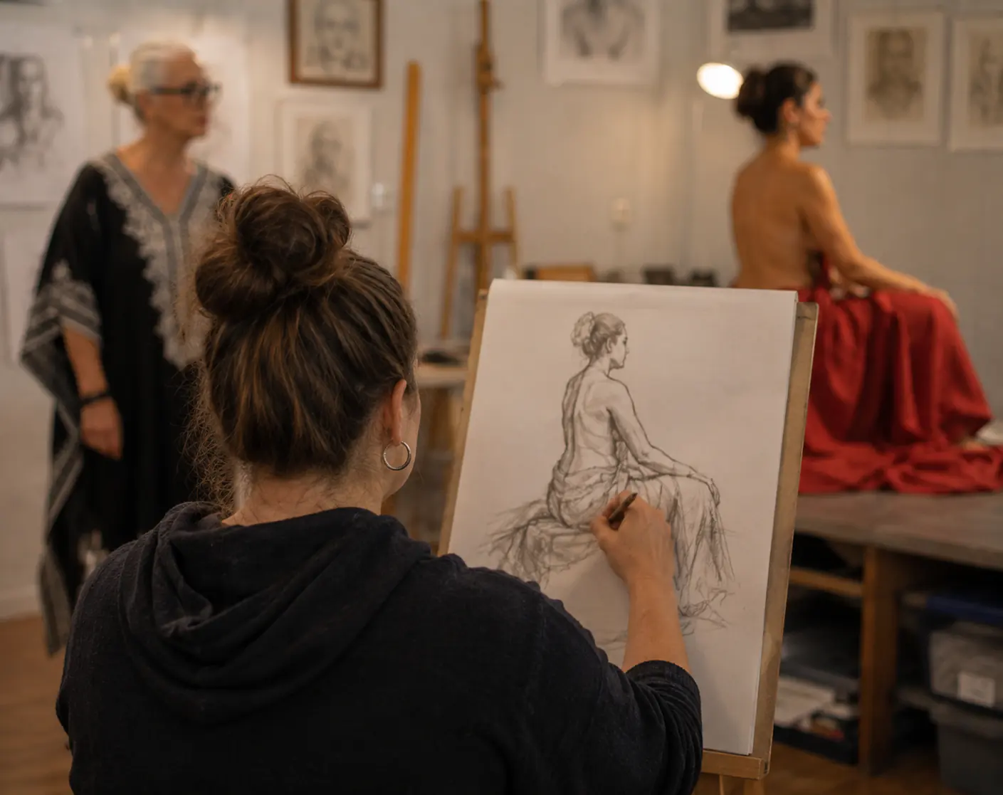 An adult life drawing session in progress at the studio