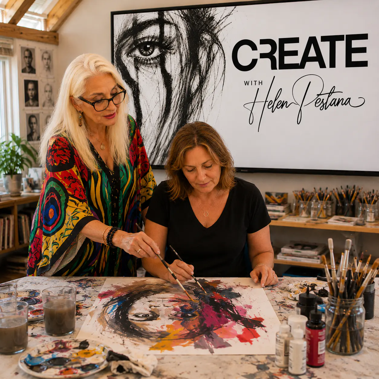 A one-to-one painting session at CREATE beneath the studio’s CREATE artwork