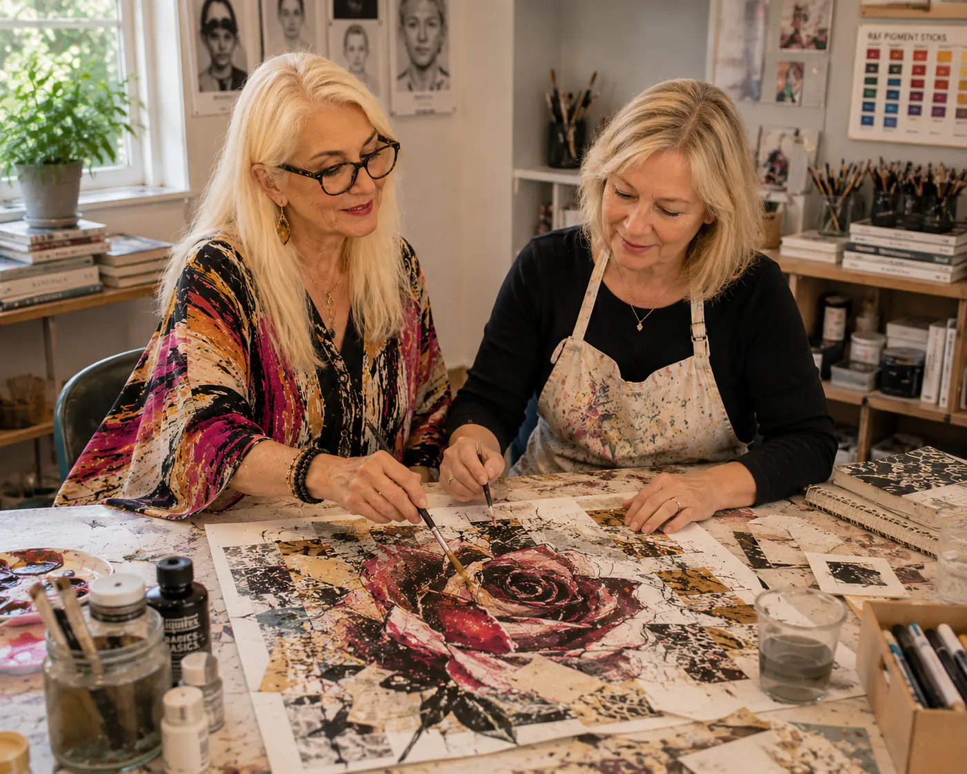 An adult student painting a large rose study in a one-to-one session