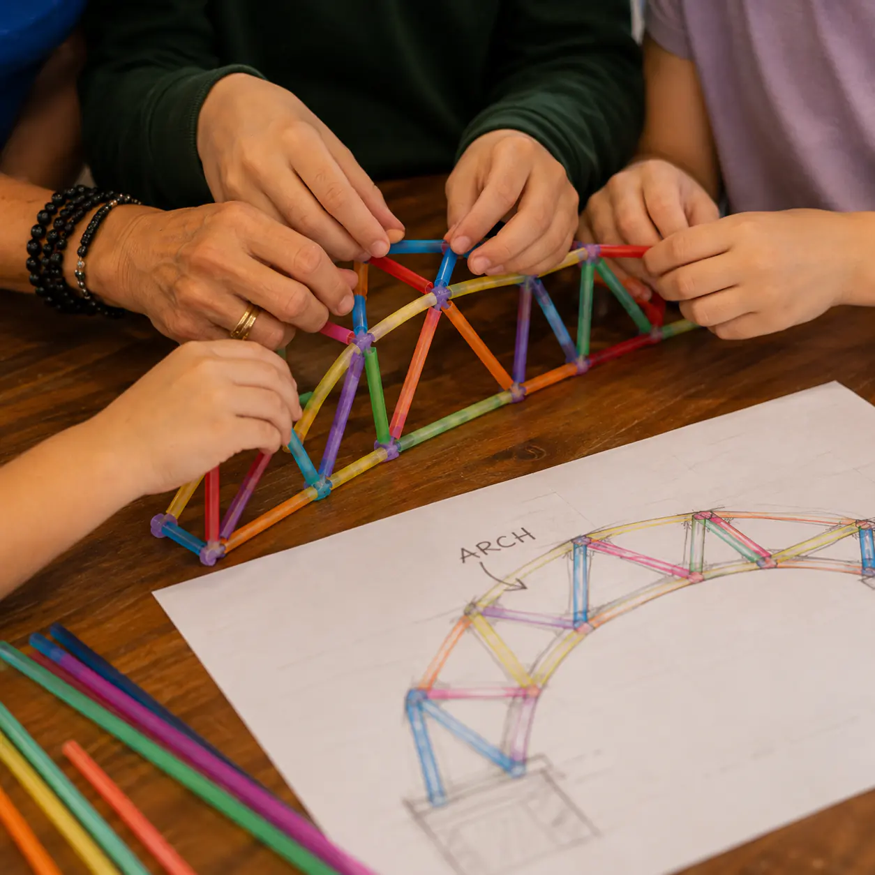 Hands assembling a structural arch from coloured rods over an engineering drawing