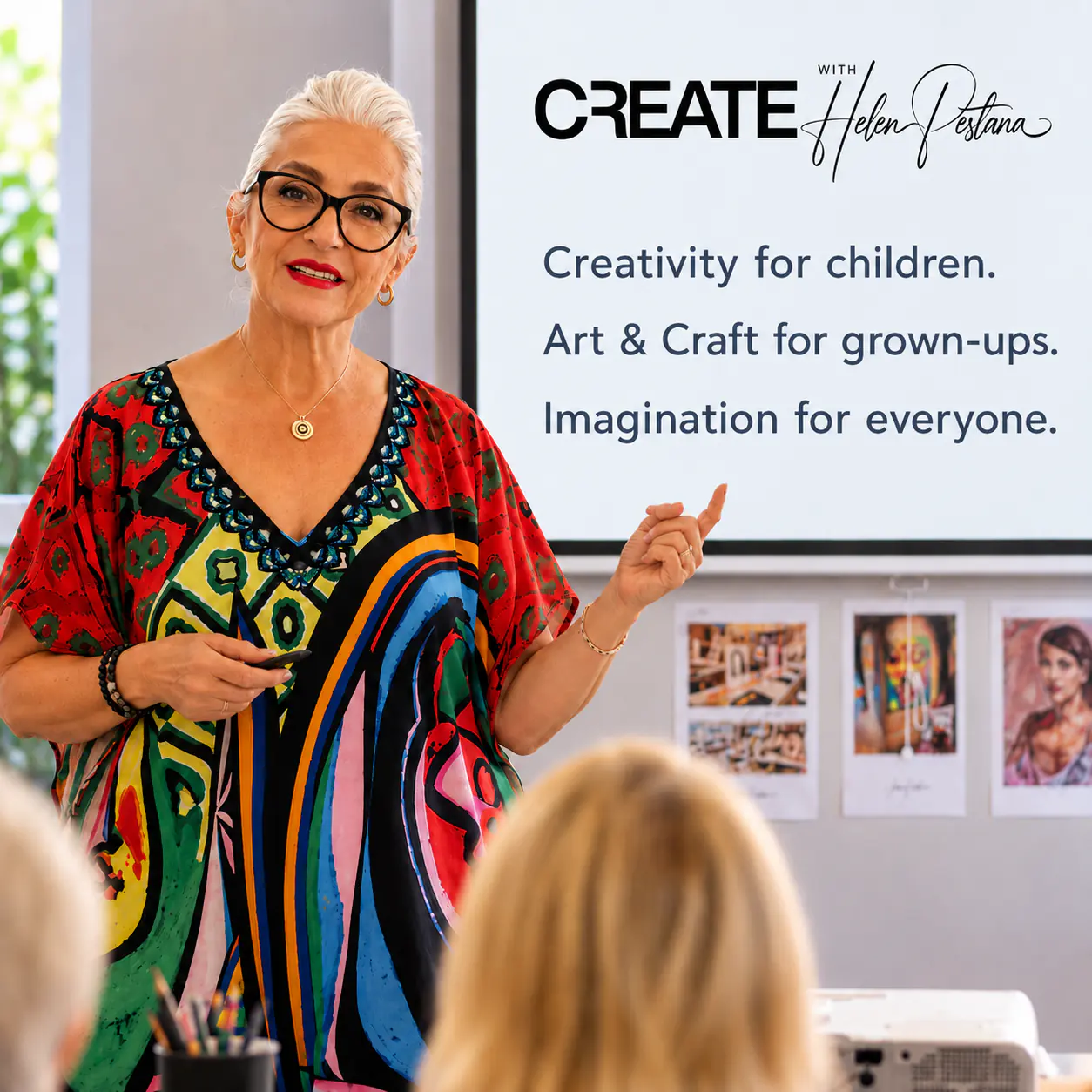 Helen Pestana presenting in the CREATE studio beside a board reading “Creativity for children. Art & craft for grown-ups. Imagination for everyone.”