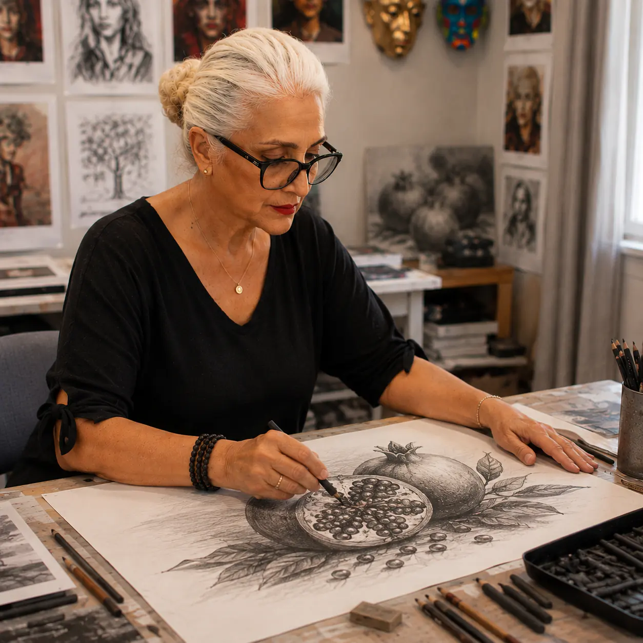 Helen Pestana drawing a pomegranate study in graphite at her desk