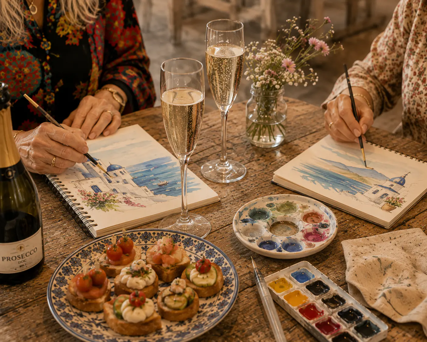 Painting and watercolours in progress at a CREATEiviTEA afternoon