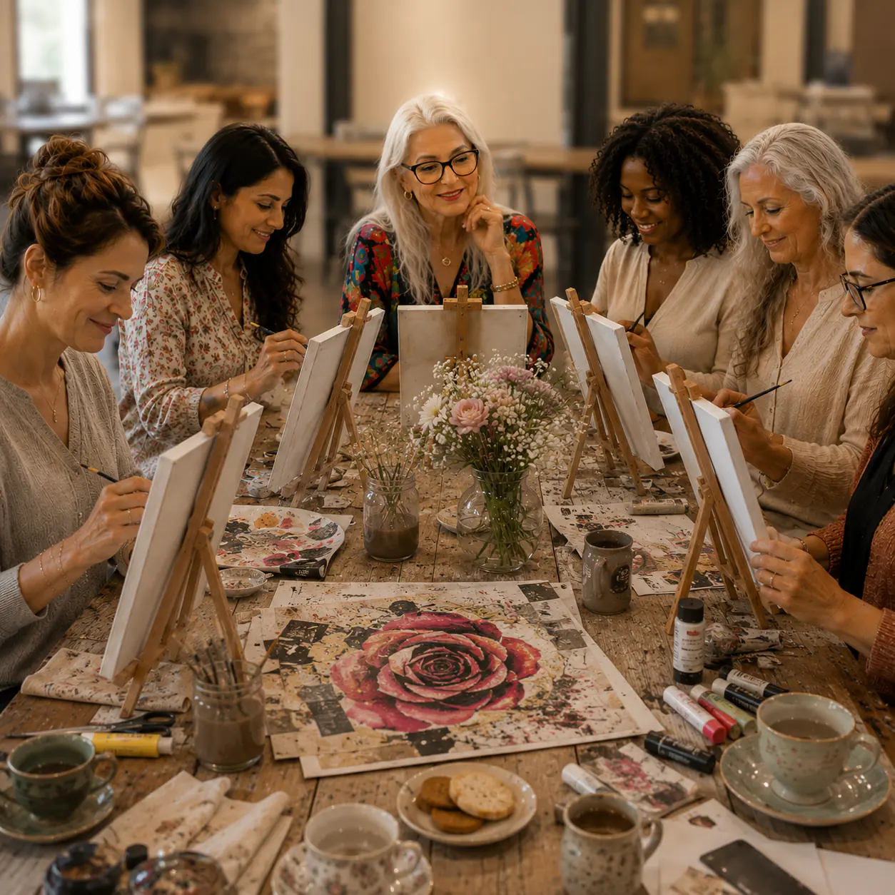 Guests painting at easels around a table laid for afternoon tea