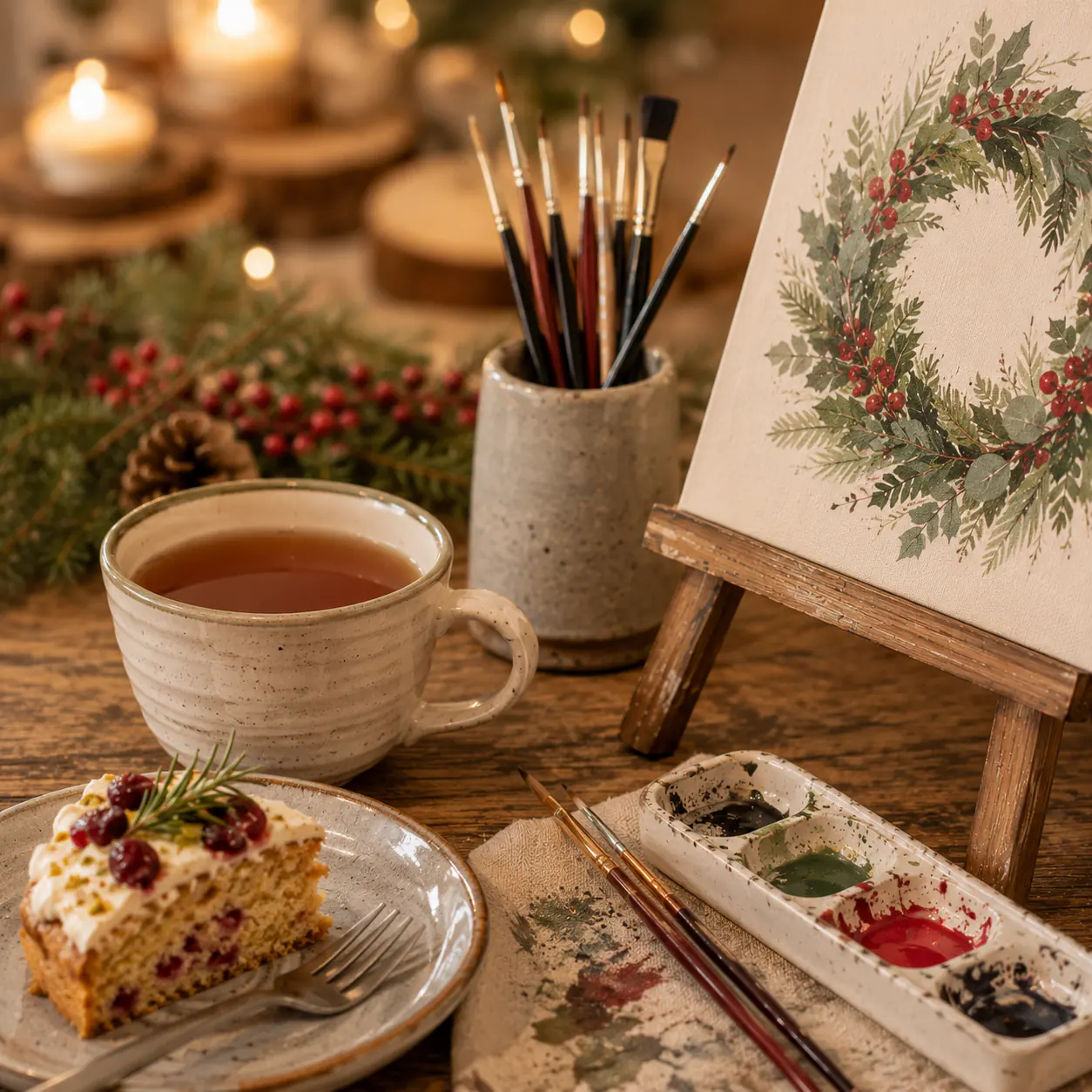 Tea, cake, brushes and a watercolour wreath in progress at CREATEiviTEA