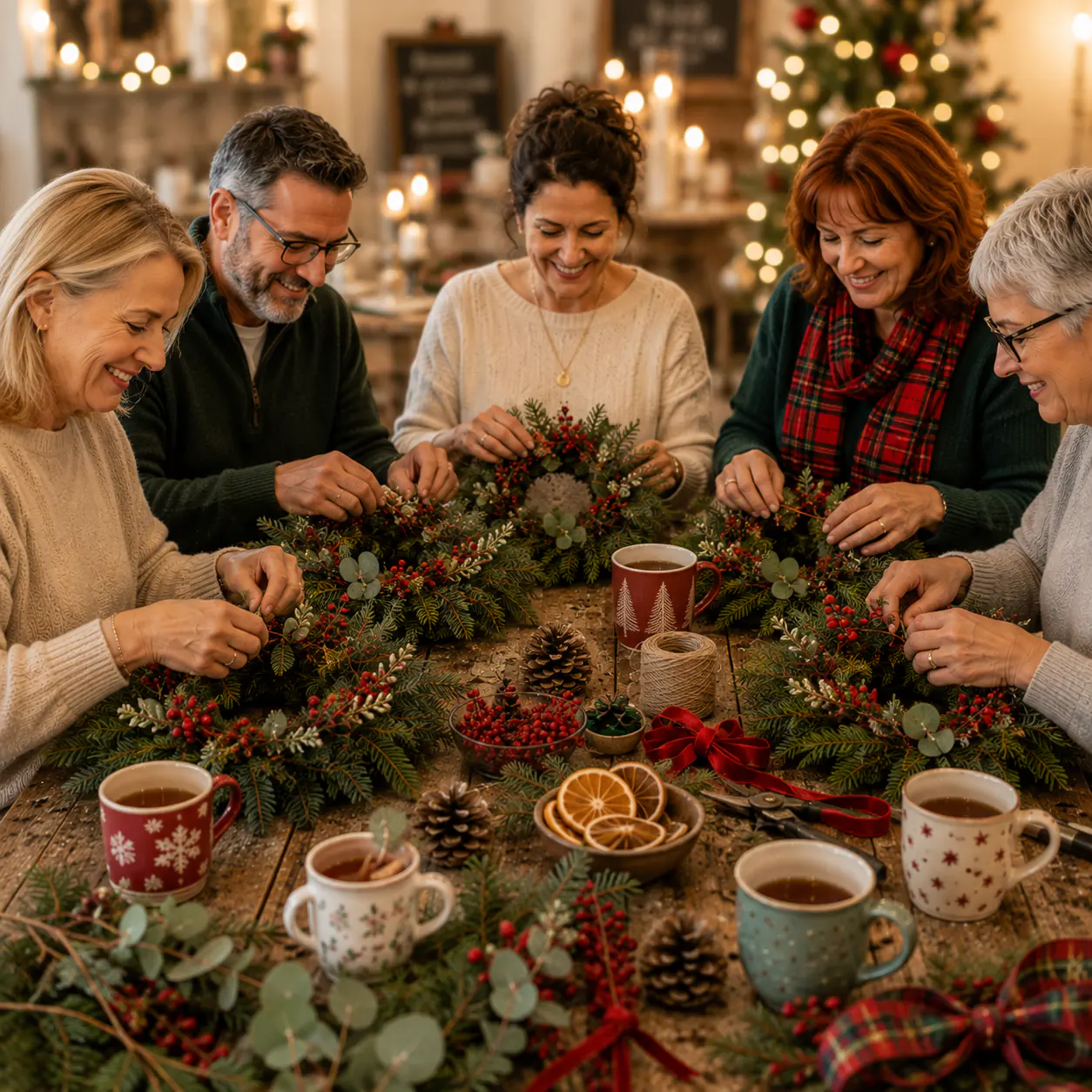 A CREATEiviTEA session making festive wreaths together around a table